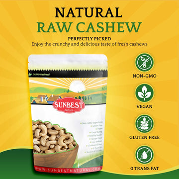 Sunbest Natural - Whole Raw Cashew, Unroasted & Unsalted Cashews For Cooking, Baking, & Toppings, On-The-Go Vegan Snack, Non-Gmo Cashew Nuts Bulk In Resealable Bag, 3 Lbs