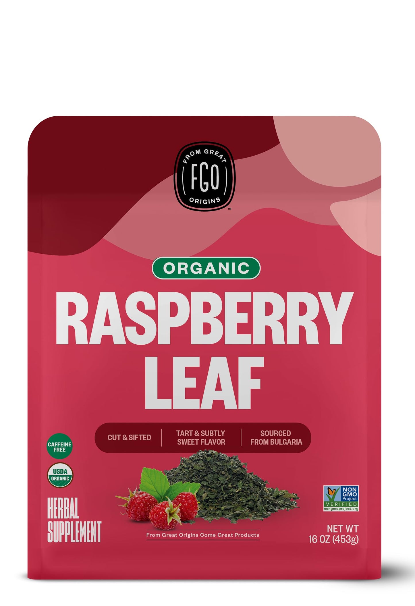 FGO Organic Red Raspberry Loose Leaf Herbal Tea, Caffeine Free, 16oz Bulk Resealable Pouch