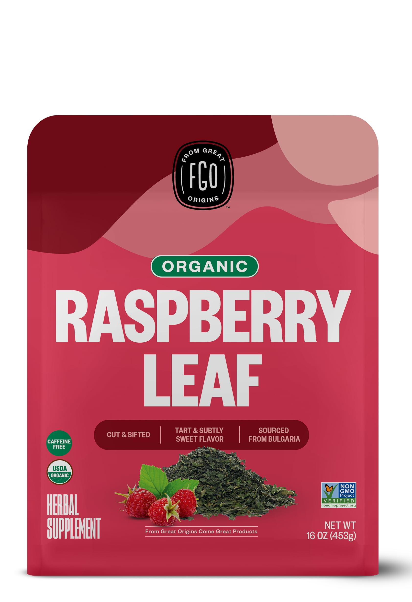 FGO Organic Red Raspberry Loose Leaf Herbal Tea, Caffeine Free, 16oz Bulk Resealable Pouch