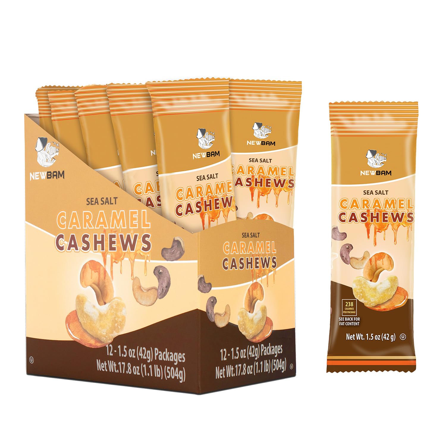 NEWBAM Sea Salt Caramel Cashews Individual Packs - 12 Cashew Snack Packs Roasted Nuts (1.5oz Each) - Keto, Vegan, Gluten-Free - 