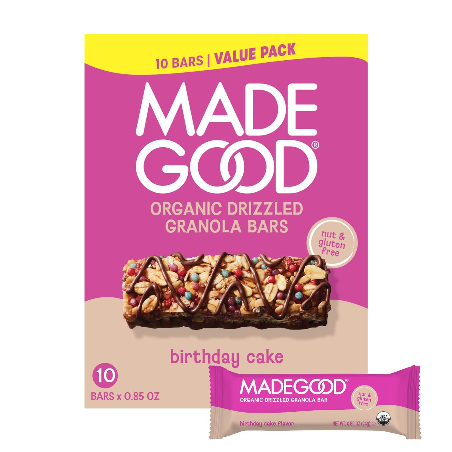 MadeGood Organic Chocolate Drizzled Birthday Cake Granola Bars (10 Count) 8.5 OZ