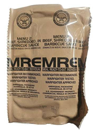 EPIDEMIC PROOF Genuine USGI MRE - BBQ Shredded Beef, Inspection Date 01/2026 or Newer, Includes Entree, Snacks, Dessert, Drink Mix