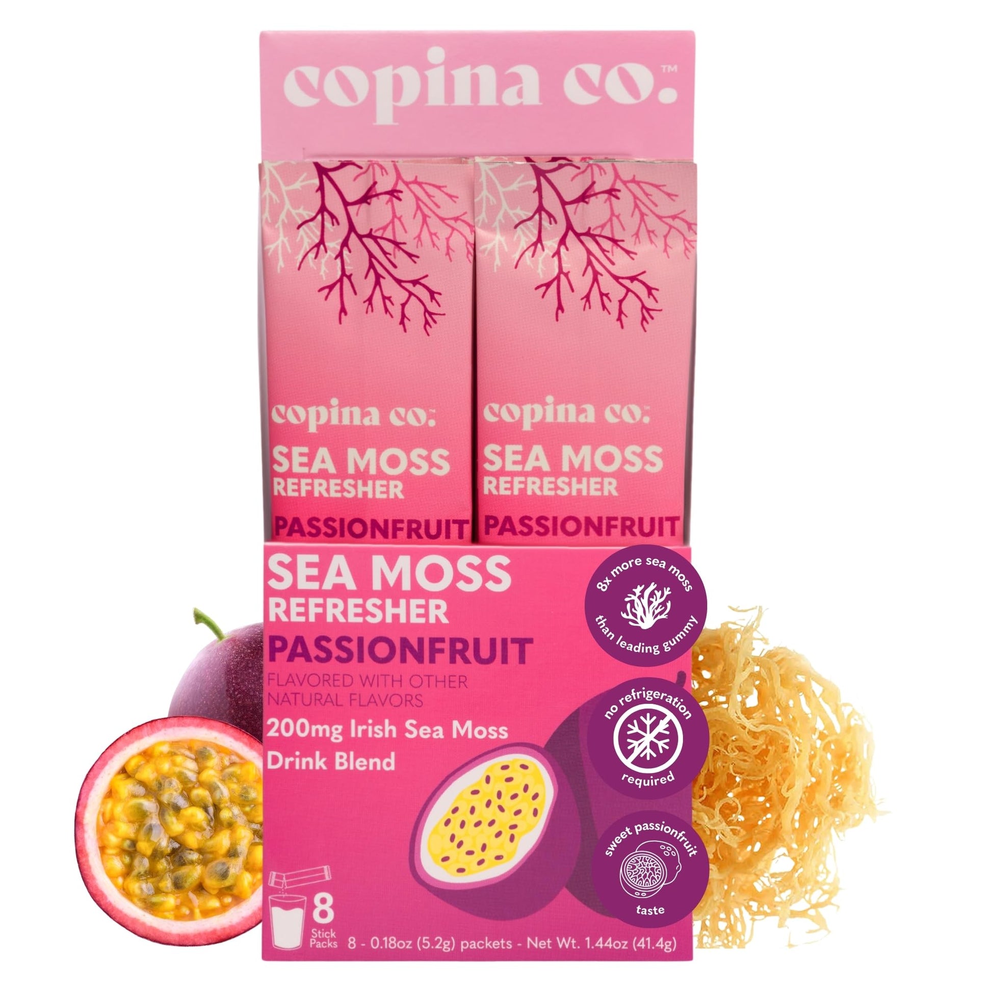 Copina Co. Organic Irish Sea Moss Powder - Passion Fruit Flavor, 8 Stick Packs, 200mg Each for Gut Health and Hydration