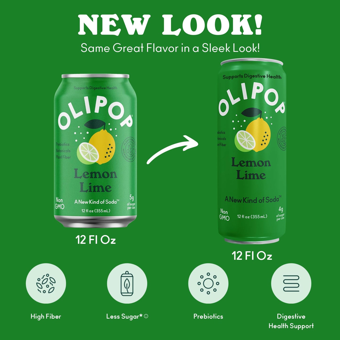 OLIPOP Prebiotic Soda Pop  Lemon Lime  Pantry Pack Packed with Prebiotics  Fiber  and Botanicals  Gluten Free  Vegan  GMO Free  12oz Skinny (12-Cans)