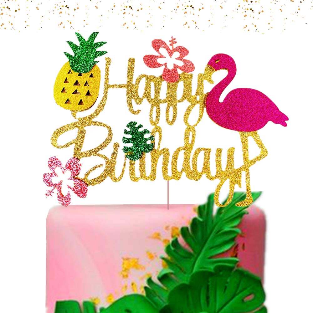 Laventy Glitter Flamingo Cake Toppers Flamingo Happy Birthday Cake Decoration Tropical Hawaiian Luau Themed Party Supplies