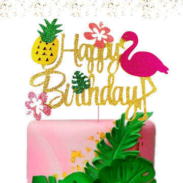 Laventy Glitter Flamingo Cake Toppers Flamingo Happy Birthday Cake Decoration Tropical Hawaiian Luau Themed Party Supplies