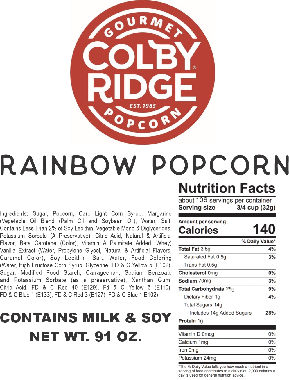 Colby Ridge Gourmet Craft Popped Gluten Free Popcorn Bulk 5 Gal 80 Cups Rainbow