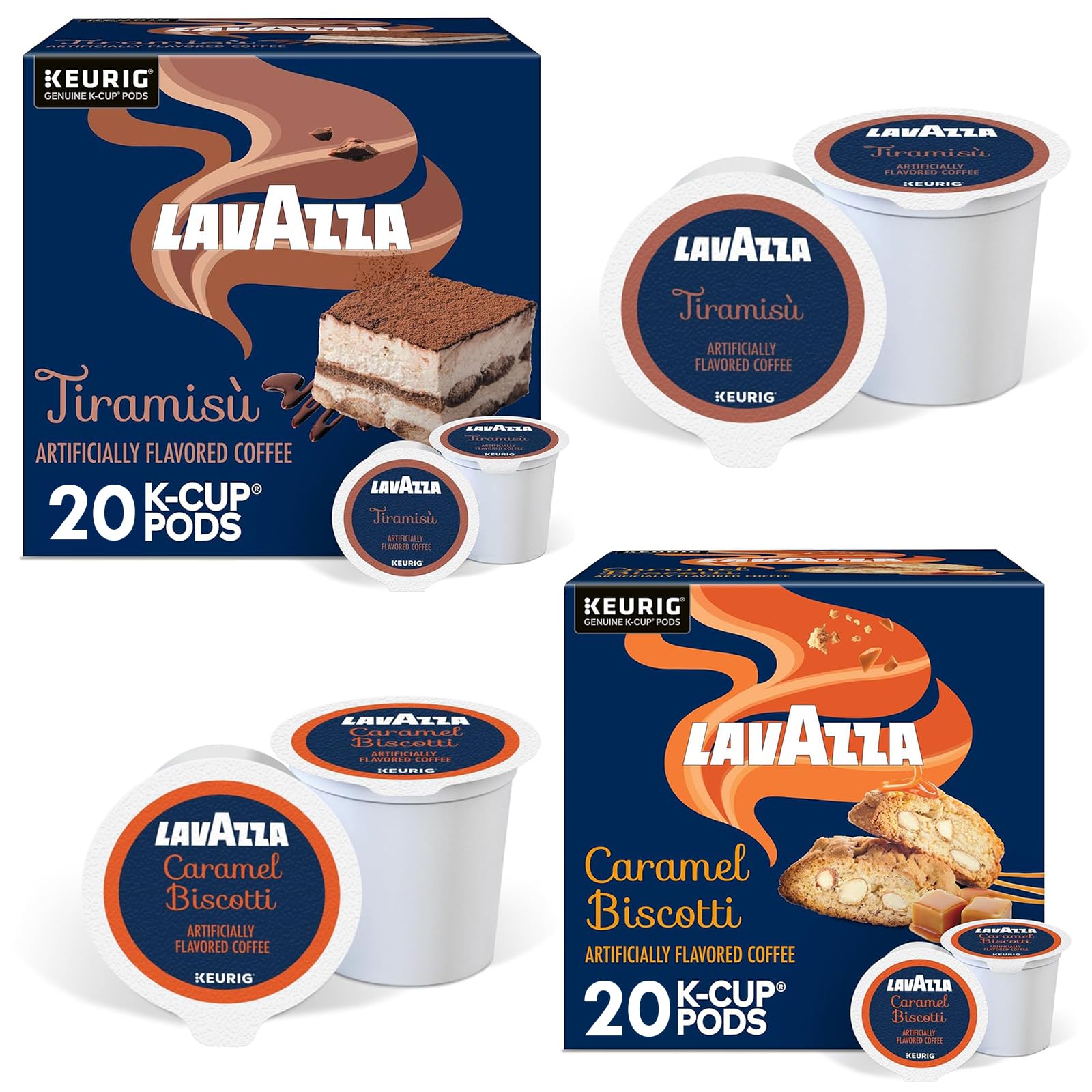 Lavazza K-Cup Coffee Pods Variety Bundle For Keurig Beverage Makers - Light & Medium Roast  Single-Serve K-Cup Coffee Pods  40 Count Assorted Flavors (20 Tiramisu & 20 Caramel Biscotti)