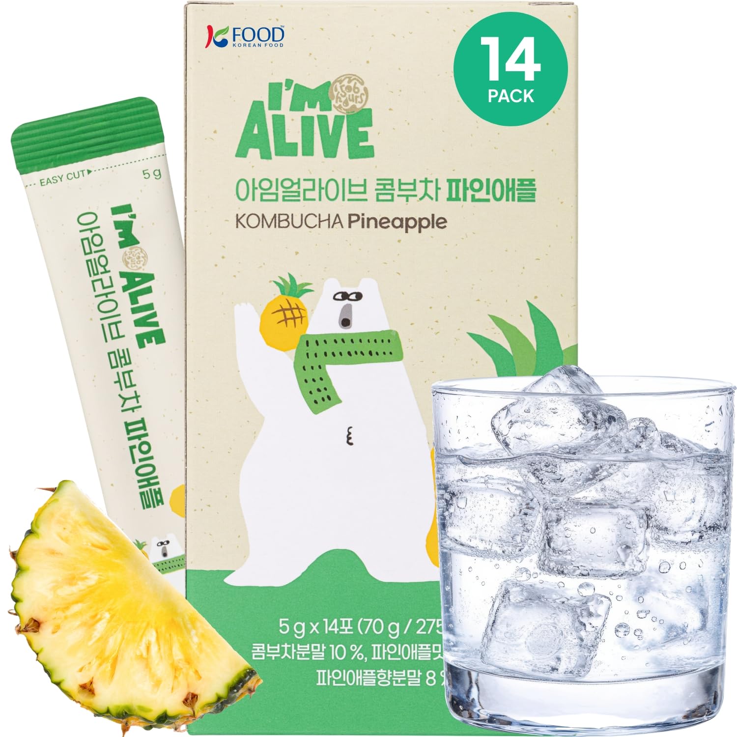 Korean Food I'm Alive Kombucha Powder Pineapple(5g*14 Sticks) Authentic Fermented Kombucha with Papain & Bromelain for 7 Days, N