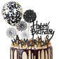Iealods Black Cake Topper Decoration With Happy Birthday Candles, Acrylic Birthday Cake Topper, Confetti Balloon And Paper Fans