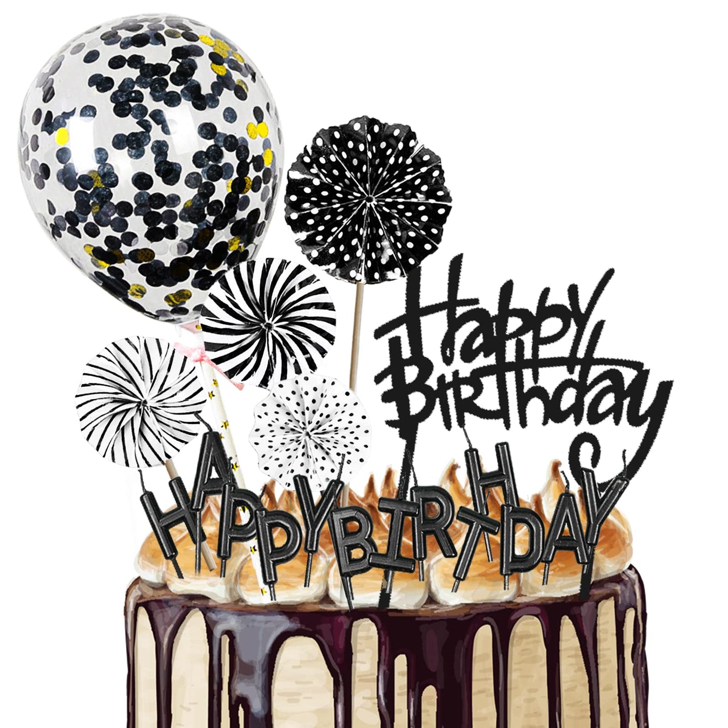 Iealods Black Cake Topper Decoration With Happy Birthday Candles, Acrylic Birthday Cake Topper, Confetti Balloon And Paper Fans