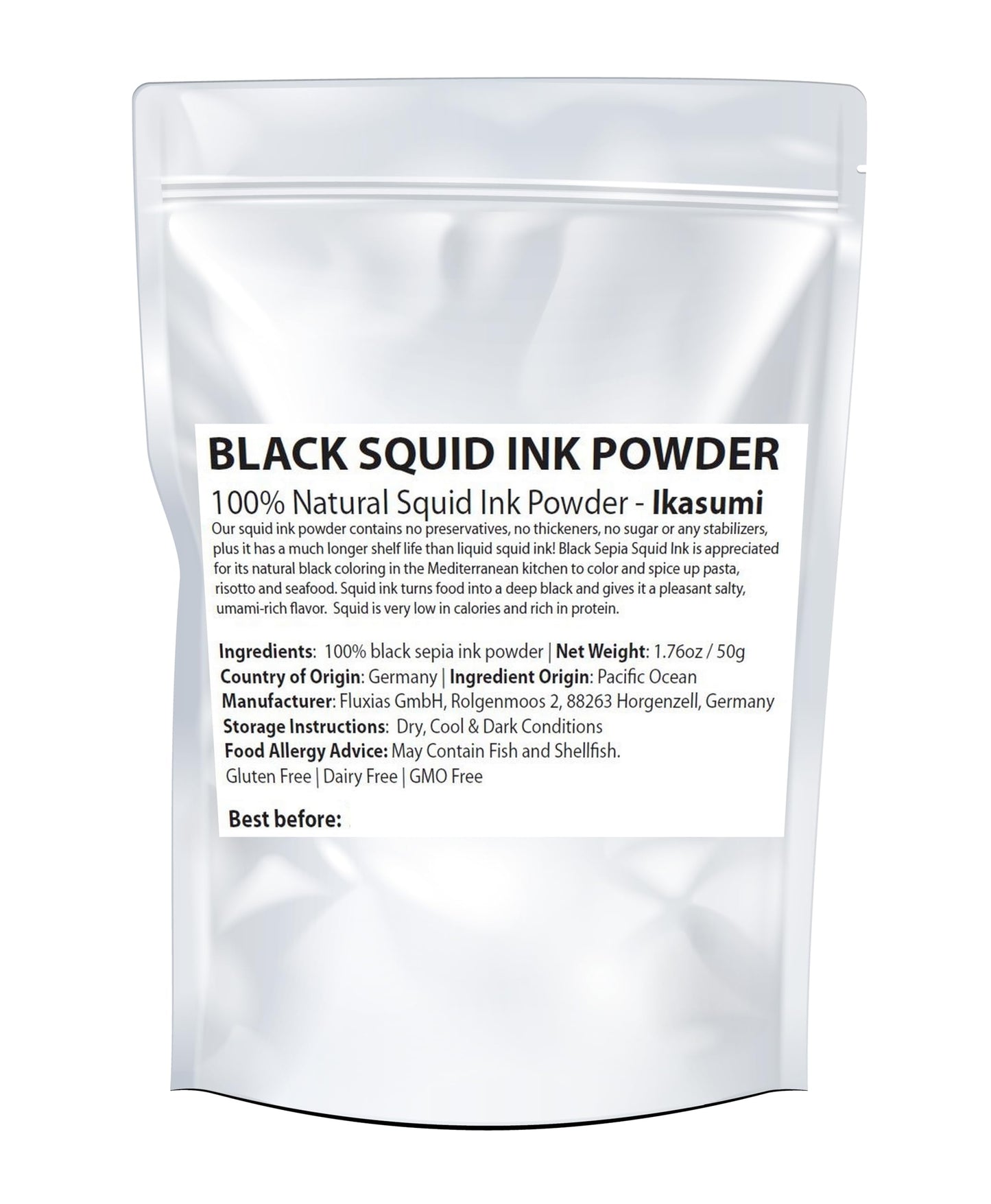 Ikasumi Black Squid Ink Powder - Genuine Ikasumi, 100% Pure, No Added Ingredients - Squid Cuttlefish Ink Powder, Net Weight: 1.7