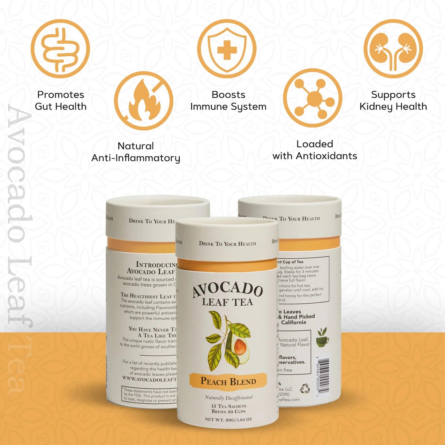 Avocado Leaf Tea Peach Tea, Herbal, Caffeine-Free, 15 Tea Bags, 30 Servings, Gluten Free, Non-GMO