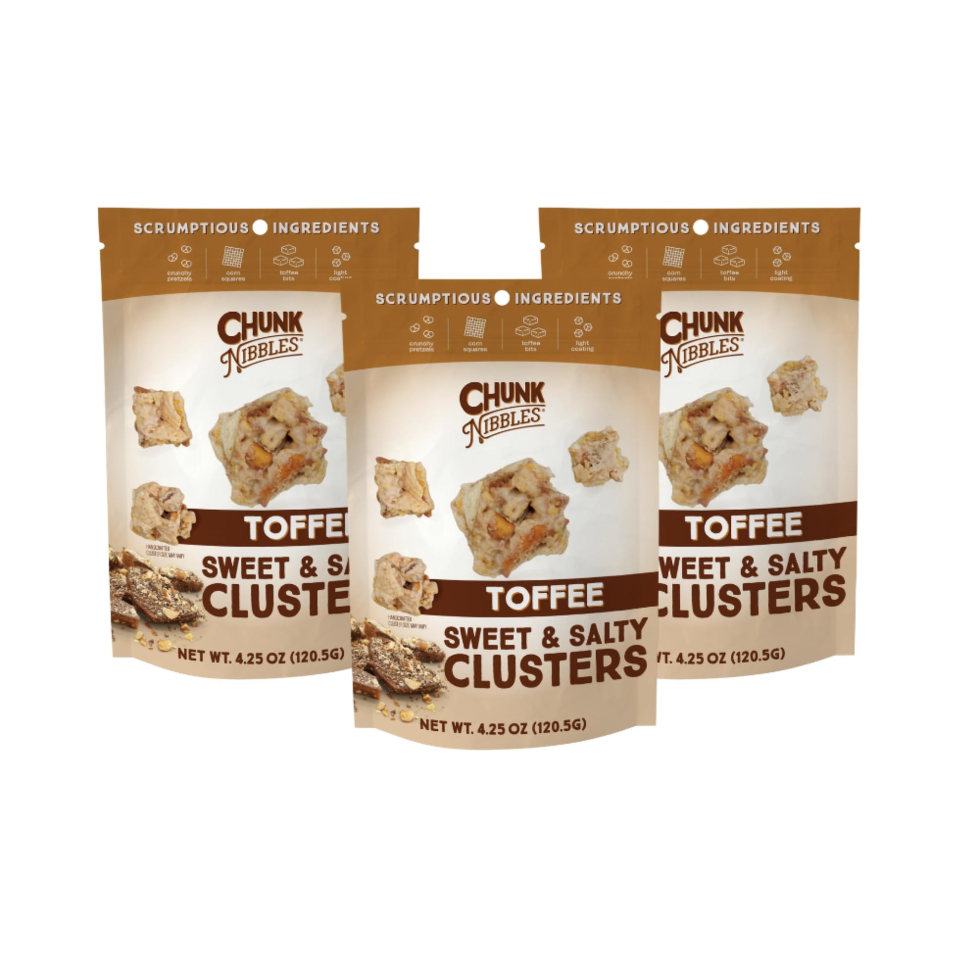 Chunk Nibbles Toffee Snack Clusters - Buttery Milk Chocolate Toffee with Pretzels & Corn Squares - Award-Winning Gourmet Treat, 