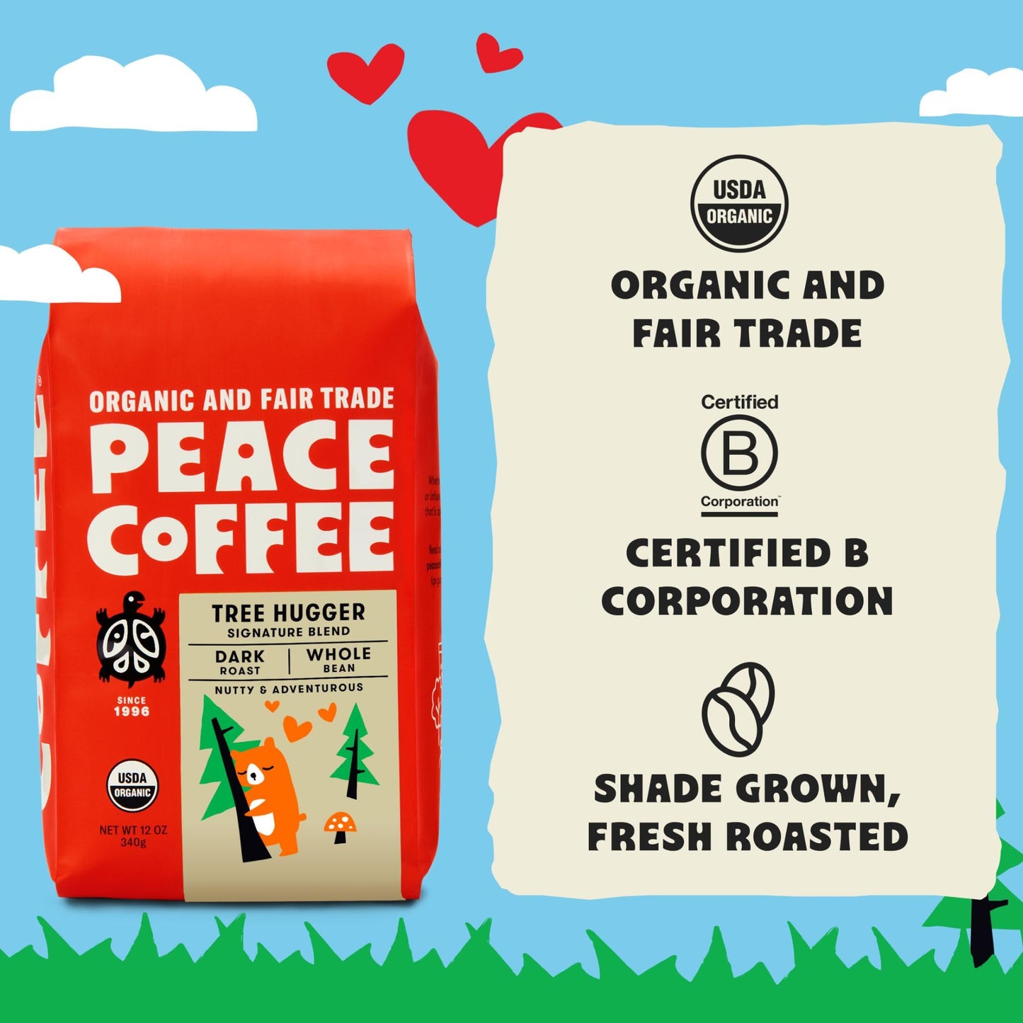 Peace Coffee Tree Hugger Signature Blend | 20 Oz Ground Dark Roast | Organic Fair Trade | Soft, Smooth Flavor | Shade Grown, Fresh Roasted