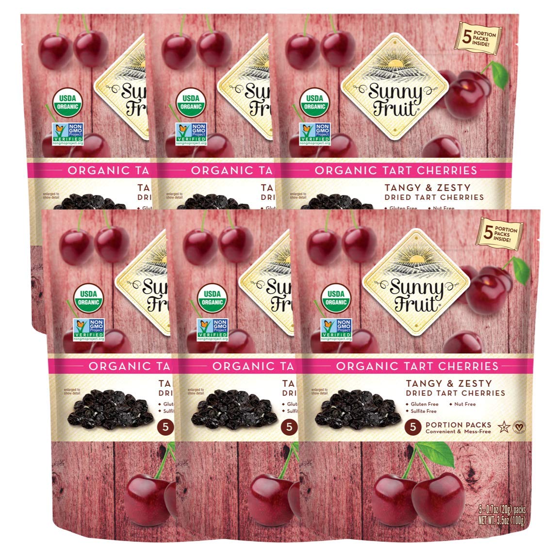 SUNNY FRUIT Organic Dried Tart Cherries - 6 Bags, 0.7oz Packs, Non-GMO, Vegan, Halal, Kosher