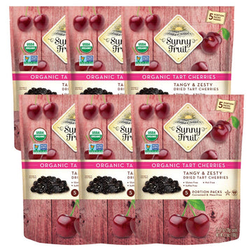 SUNNY FRUIT Organic Dried Tart Cherries - 6 Bags, 0.7oz Packs, Non-GMO, Vegan, Halal, Kosher