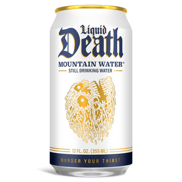 Liquid Death Still Mountain Water - 12oz Cans, Natural Source, 12-Pack, Infinitely Recyclable