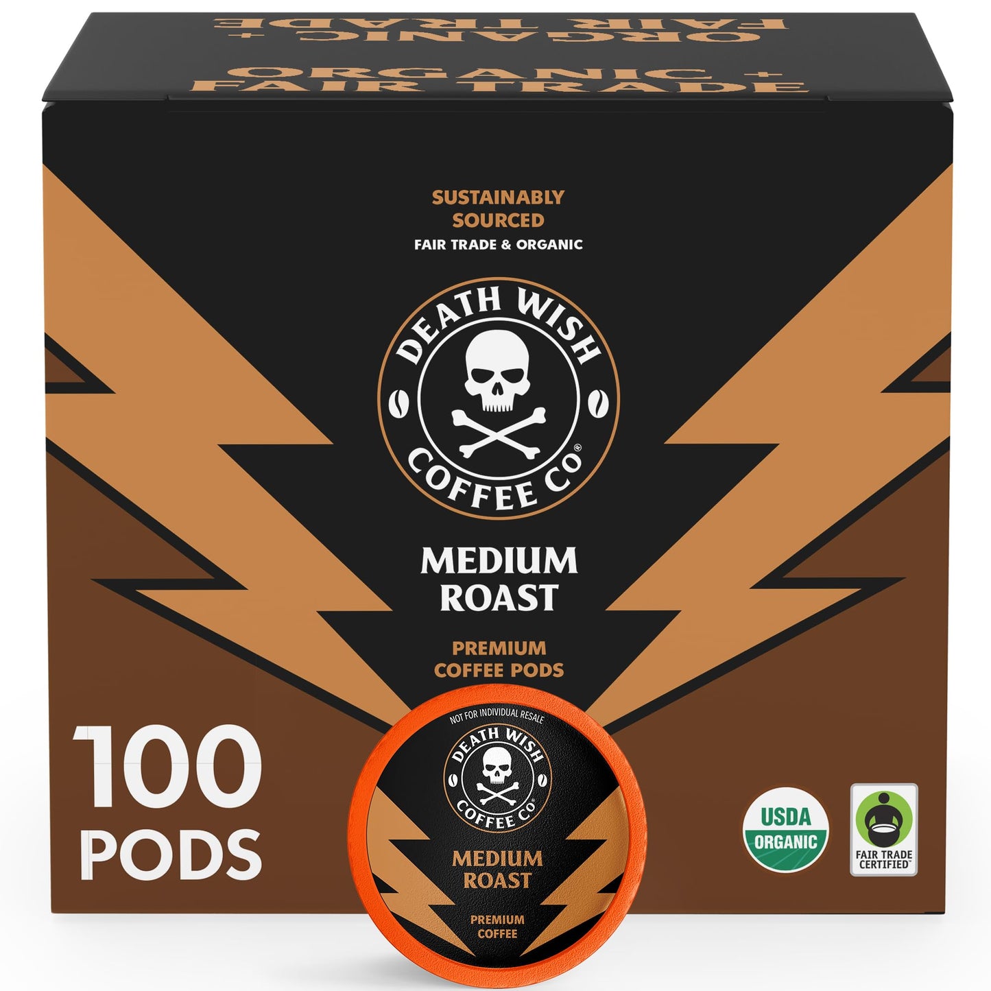 Death Wish Coffee Single Serve Pods Medium Roast USDA Organic 100 Count