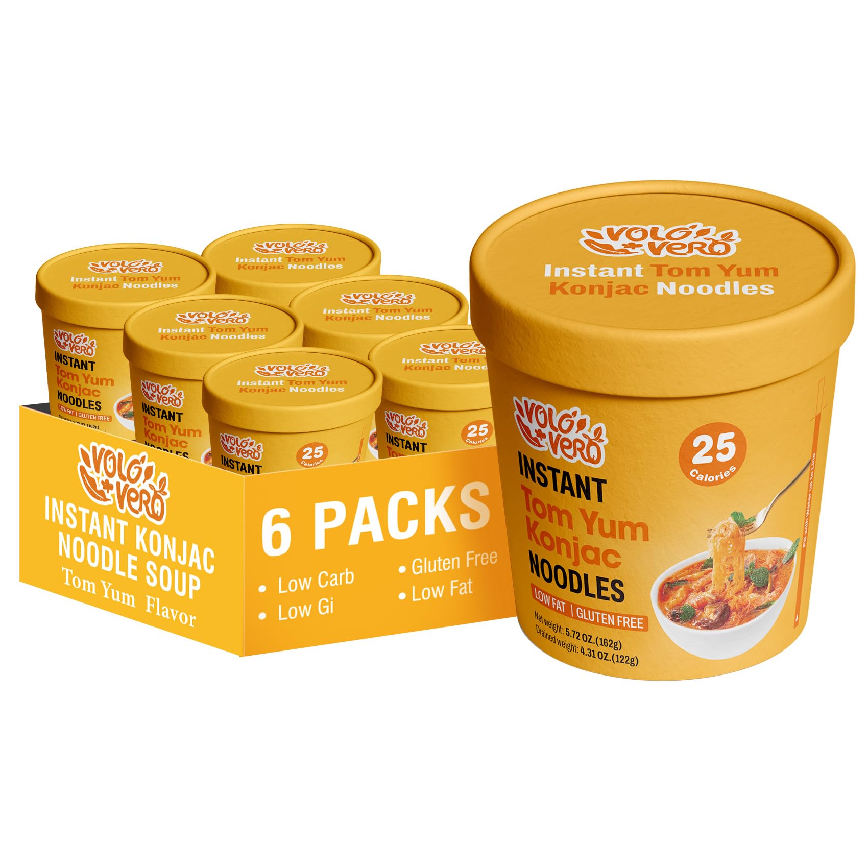 VOLO VERO Konjac Noodle Instant Soup Cup Tom Yum Flavor, 6 Packs Keto Shirataki Noodles Angel Hair Pasta, Low Carb, Low Fat, Low