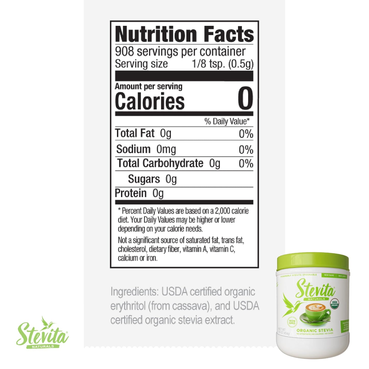 Stevita Organic Stevia - 16 oz, Pack of 2 - Stevia & Erythritol All-Natural Sweetener, No Calories - USDA Organic, Non-GMO, Vega