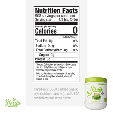 Stevita Organic Stevia - 16 oz, Pack of 2 - Stevia & Erythritol All-Natural Sweetener, No Calories - USDA Organic, Non-GMO, Vega