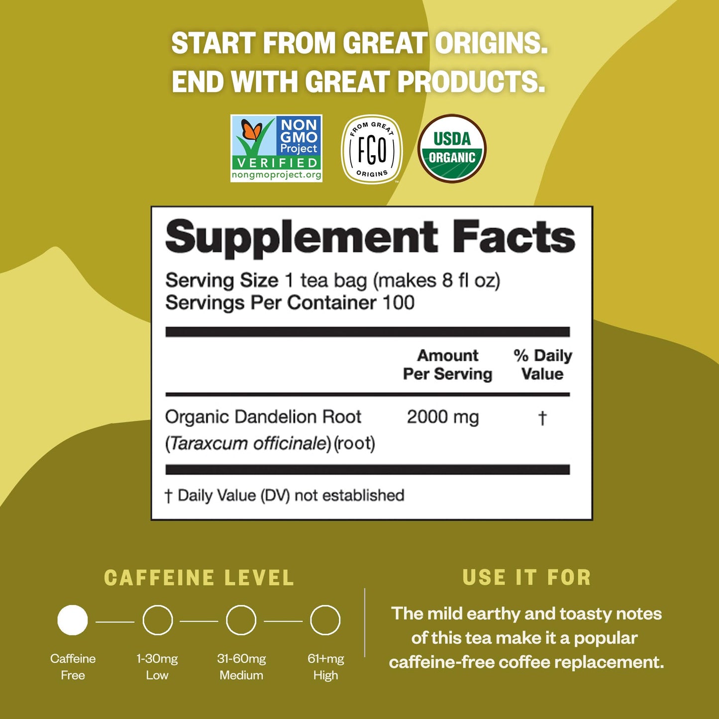 FGO Organic Roasted Dandelion Root Tea Bags, 100 Count, Eco-Conscious Packaging, Herbal Wellness Tea, Natural Detox
