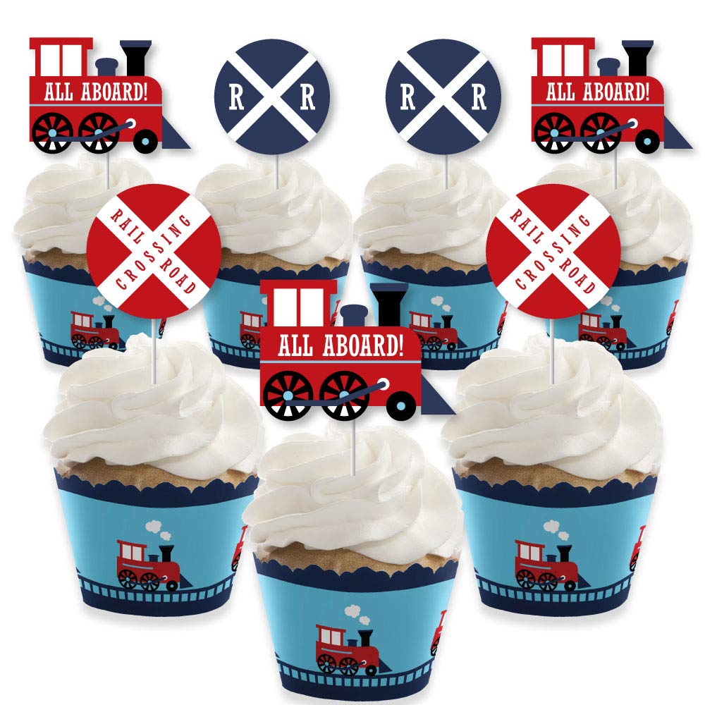 Big Dot of Happiness Cupcake Decoration Kit - Steam Train Birthday Party - Set of 24 - Red, Blue, White - Model BD4068tpk
