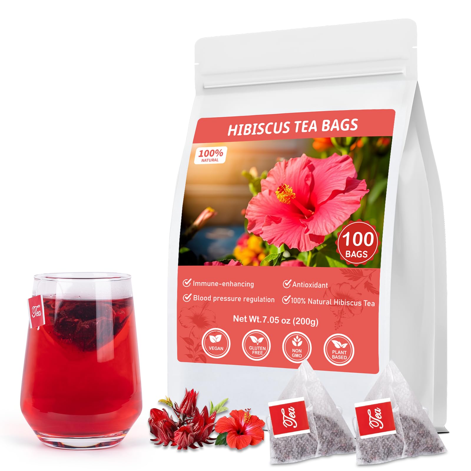 Hibiscus Tea Bags  100% Natural Hibiscus Flowers Herbal Tea Supports Heart Health  Boosts Immune Energy Blend Free  Non-Gmo  No Sugar(1 Pack/100 Bags)
