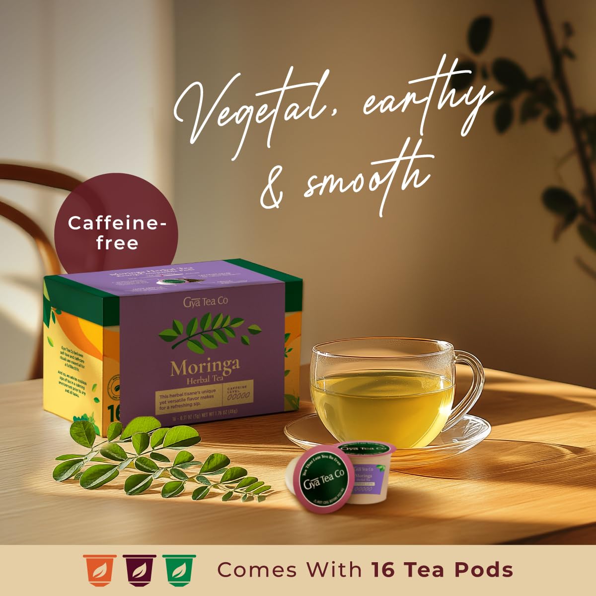 Gya Tea Co Moringa Herbal Tea Pods - Decaf Wellness Tea, 16 Count, for Body Comfort and Relaxation