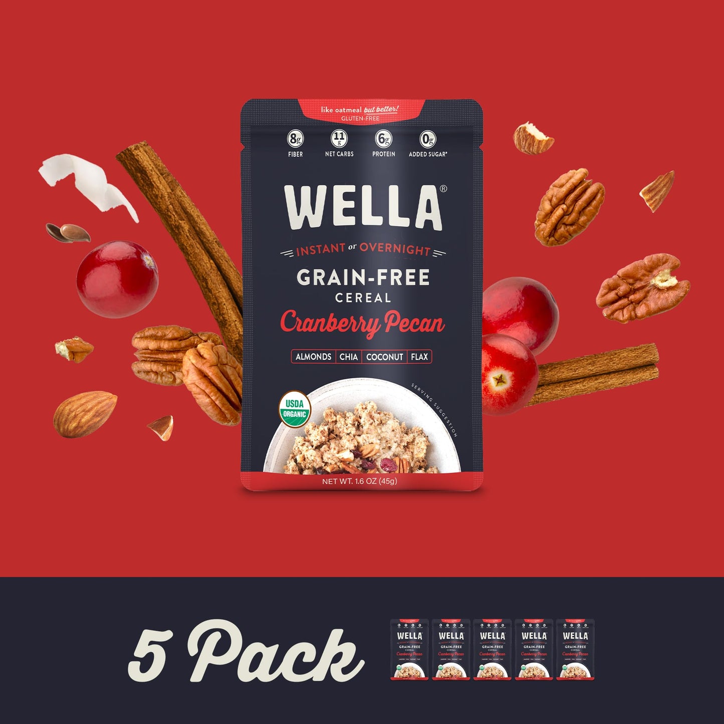 Wella Gluten-Free Oatmeal Alternative, Cranberry Pecan, 1.6 oz, Pack of 5, Vegan, High Protein, Low Net Carbs