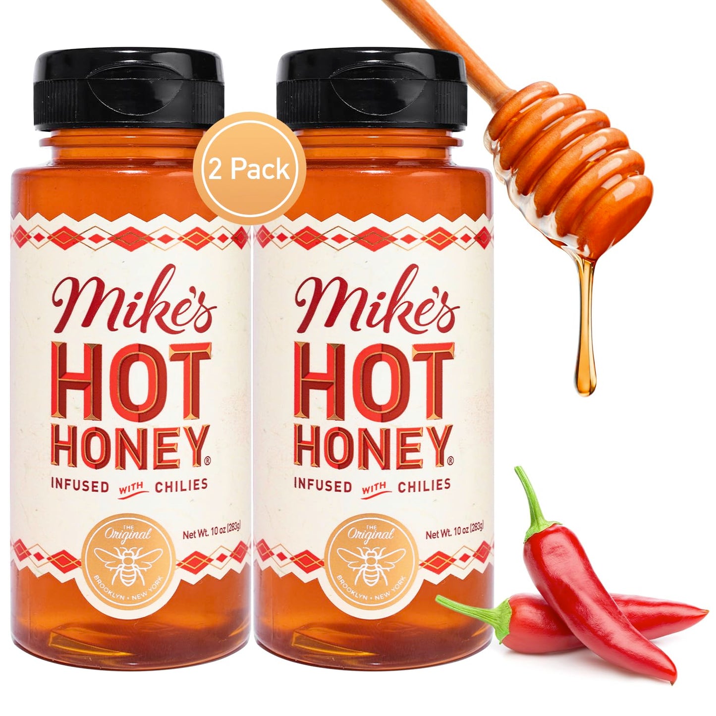 Mikes Hot Honey Spicy Honey with Chili Peppers, 10oz Bottle, 2 Pack, Gluten-Free, Paleo-Friendly, Certified Kosher