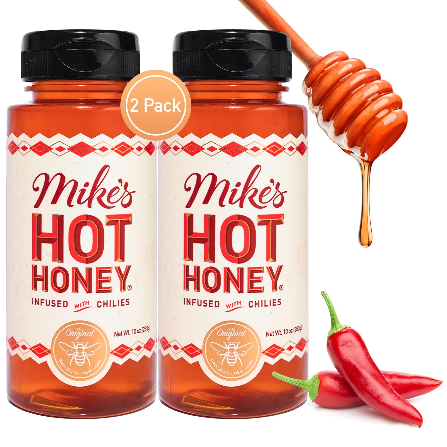 Mikes Hot Honey Spicy Honey with Chili Peppers, 10oz Bottle, 2 Pack, Gluten-Free, Paleo-Friendly, Certified Kosher