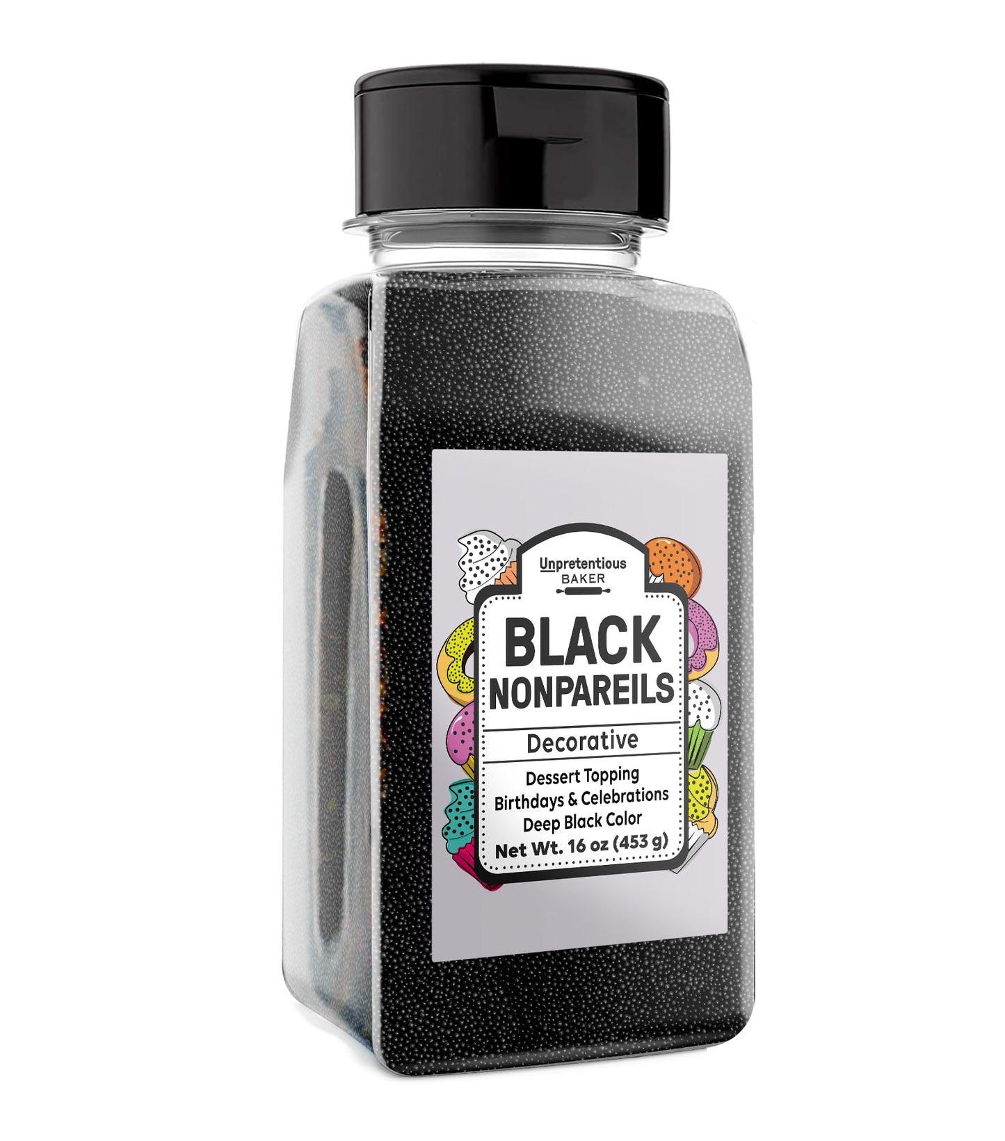 Unpretentious Black Nonpareils, 1 lb, Dessert Topping, Round Sprinkles, Deep Black Color