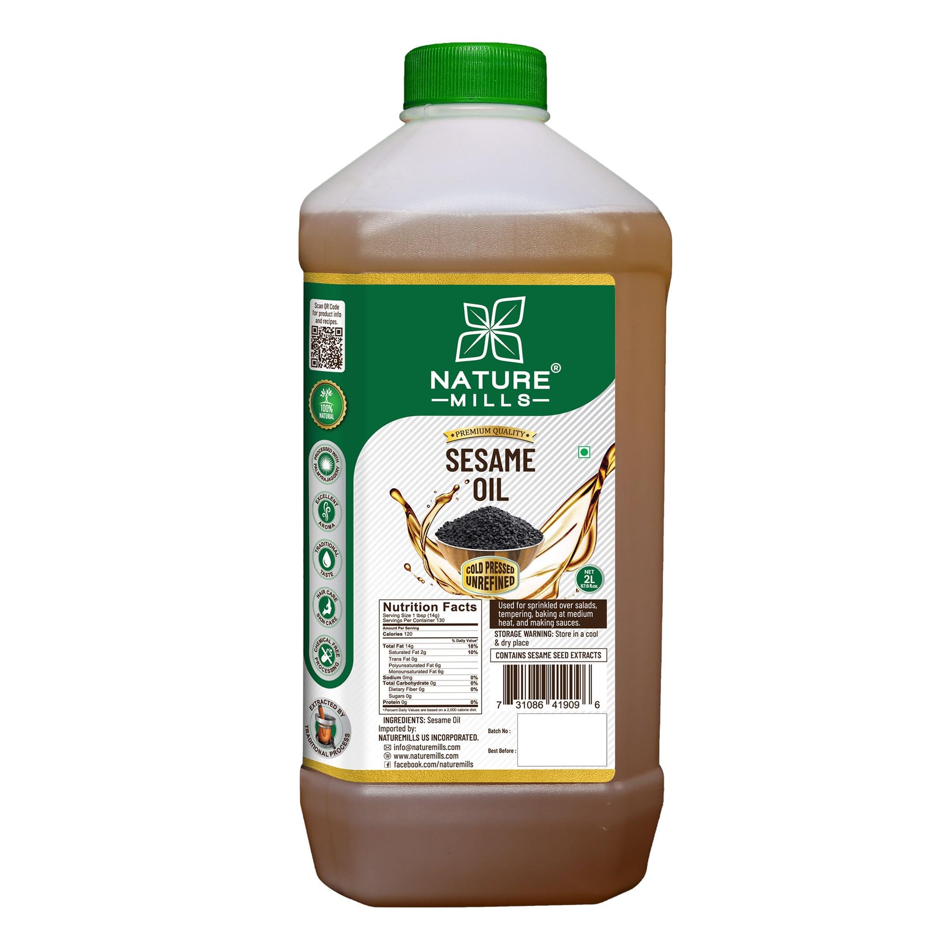 NatureMills Natural Sesame Oil - 2 Liter - 67.6 Fl.Oz - Cold pressed, Unrefined