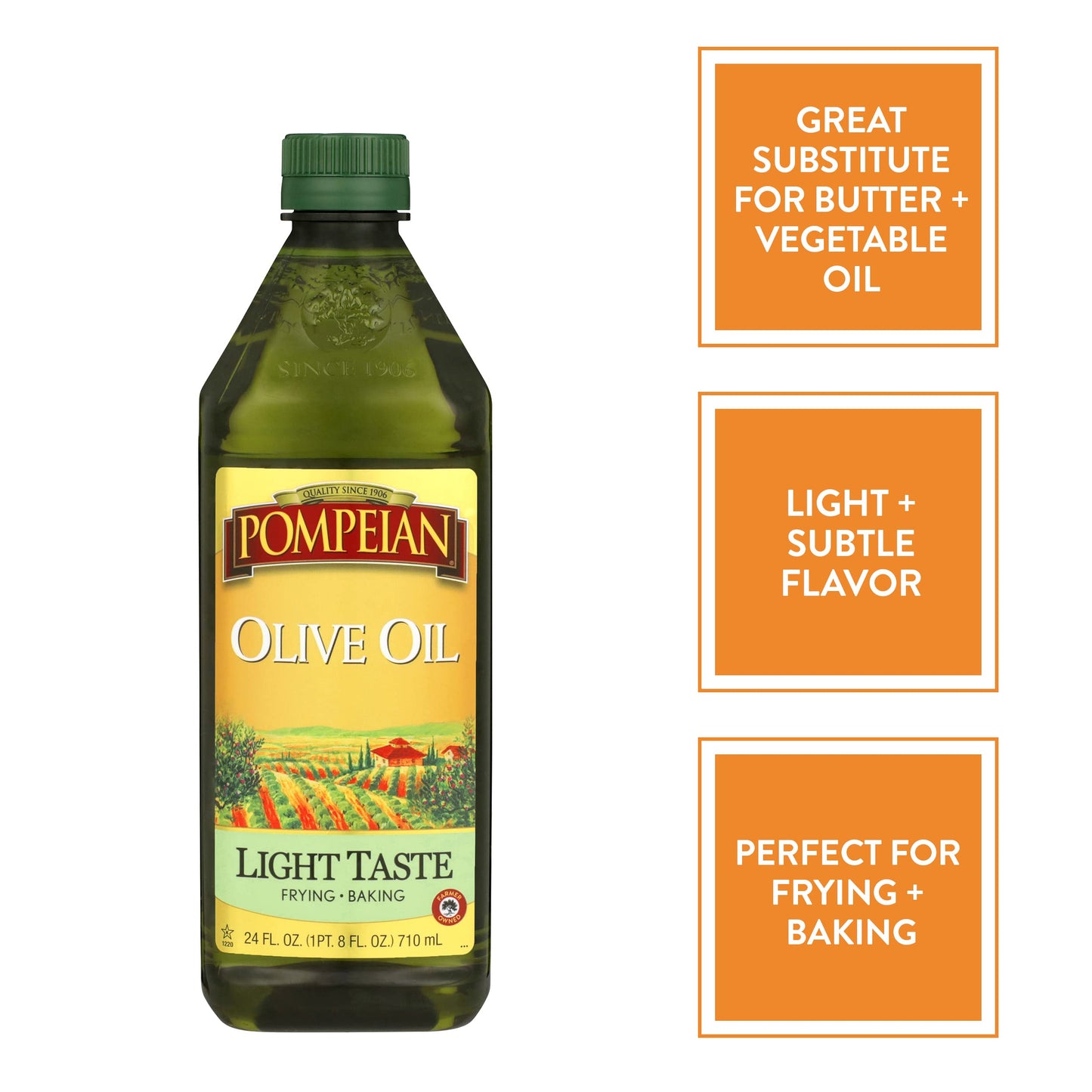 Pompeian Light Taste Olive Oil, Subtle Flavor, Perfect for Frying & Baking, Naturally Gluten Free, Non-Allergenic, Non-GMO, 24 F