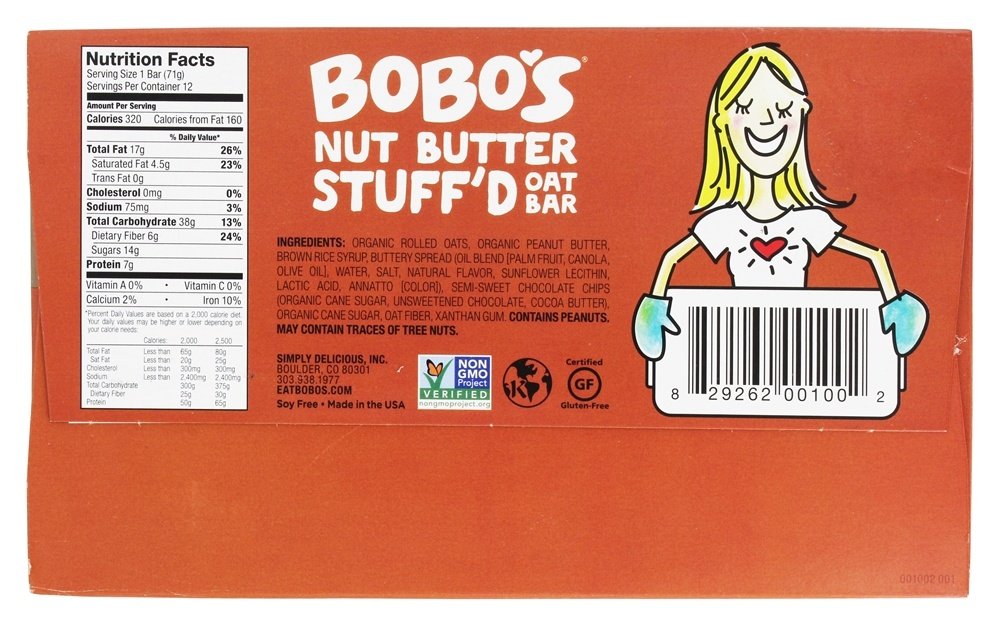 Bobos Stuffd Oat Bar, Chocolate Chip Peanut Butter, Gluten Free, Vegan, 12 Count, Brown, Model 0829262001002