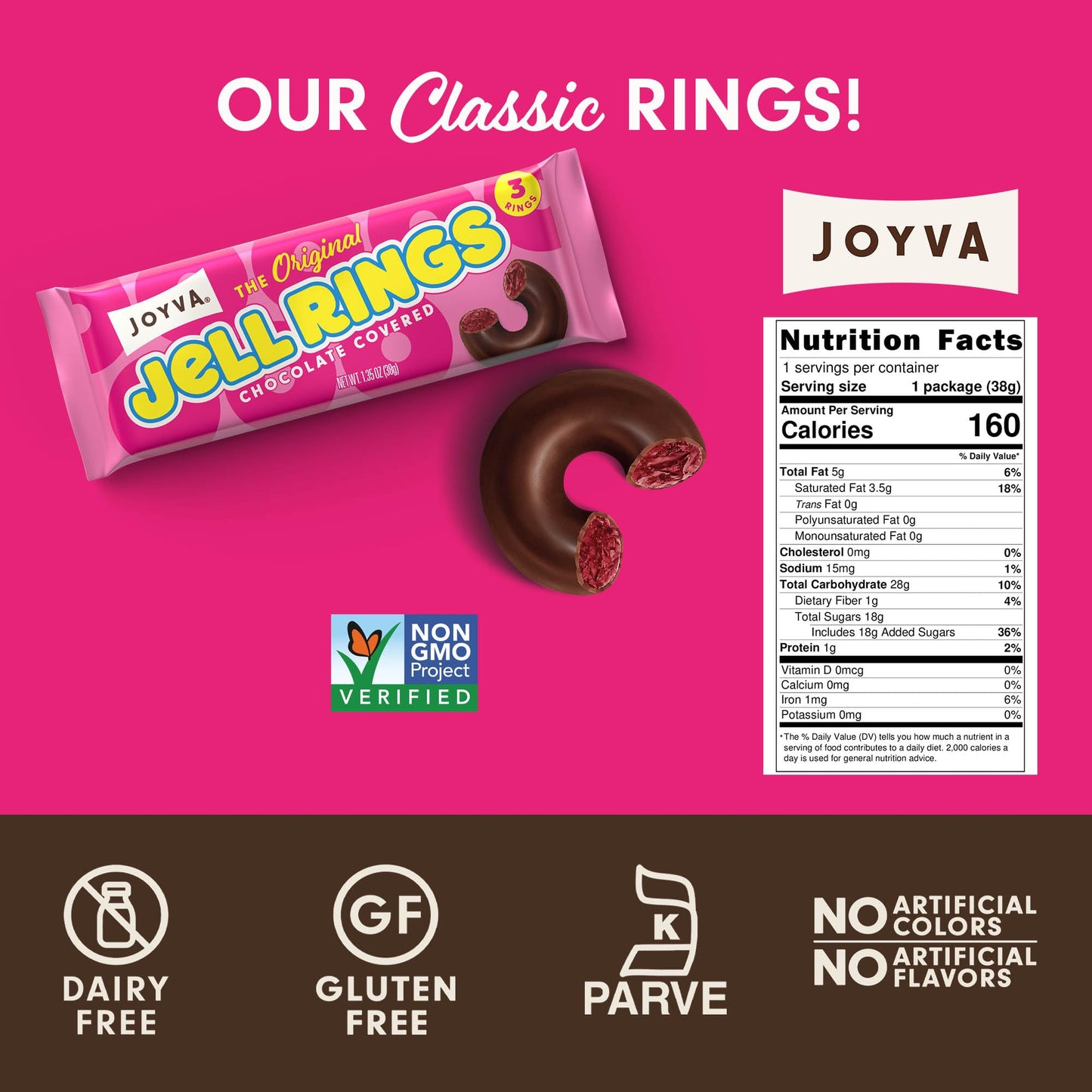 Joyva Original Jell Rings | Box of 24, 3 Packs | Sweet Jell Center with Smooth Dark Chocolate Coating | Kosher Parve | Free of D