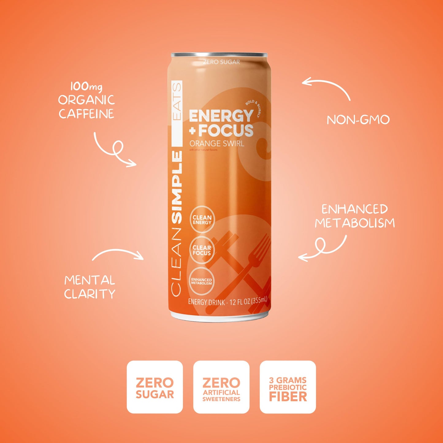 Clean Simple Eats Energy Drink, 100 Mg Organic Caffeine, L Theanine, B Vitamins, Zero Sugar, Orange Swirl, 12 Oz Cans, 12 Pack