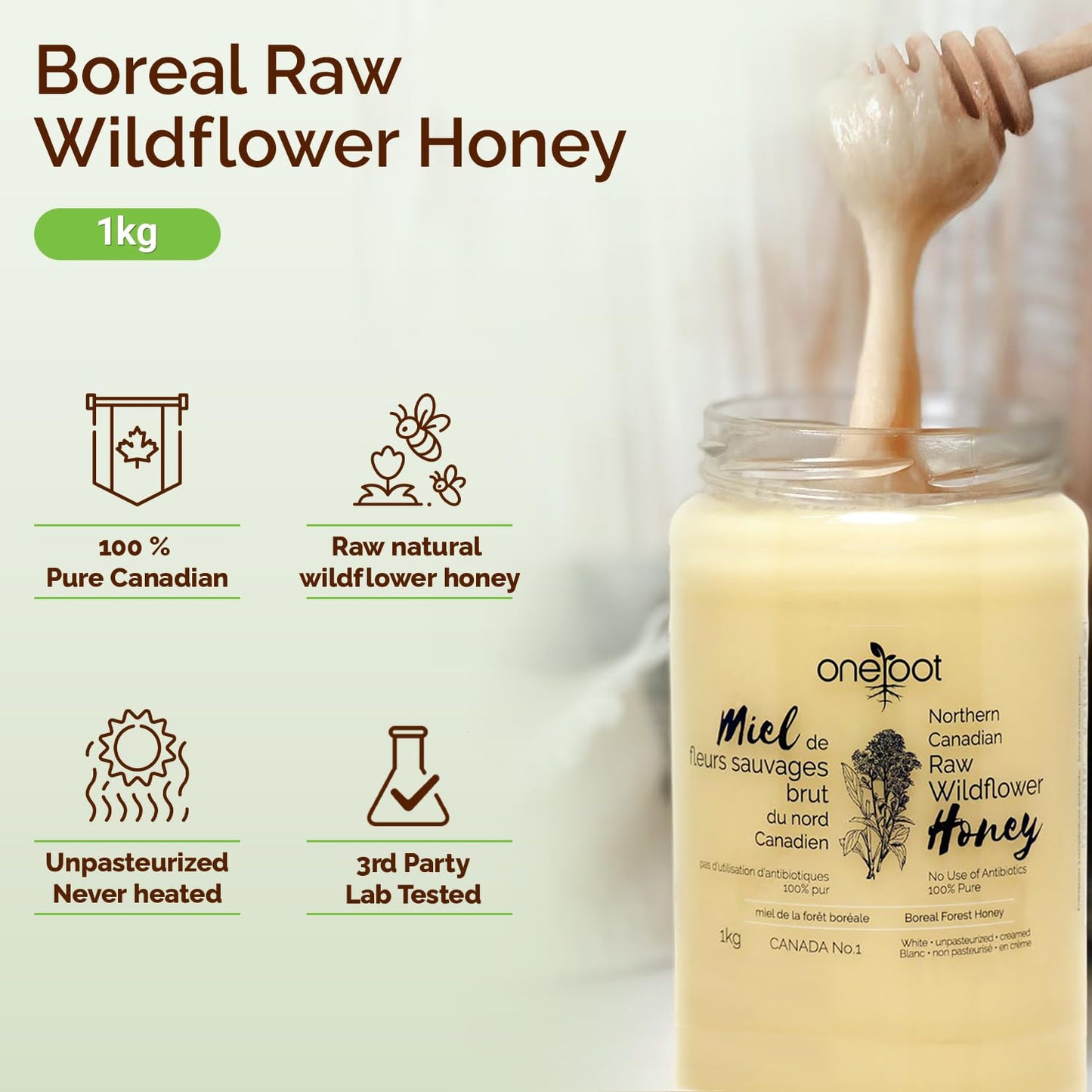 Oneroot 100% Canadian Flower Honey - 1kg / 2.2lbs, Honey Wildflower Unfiltered, Unheated & Creamed, Nutrient Rich Raw Wildflower