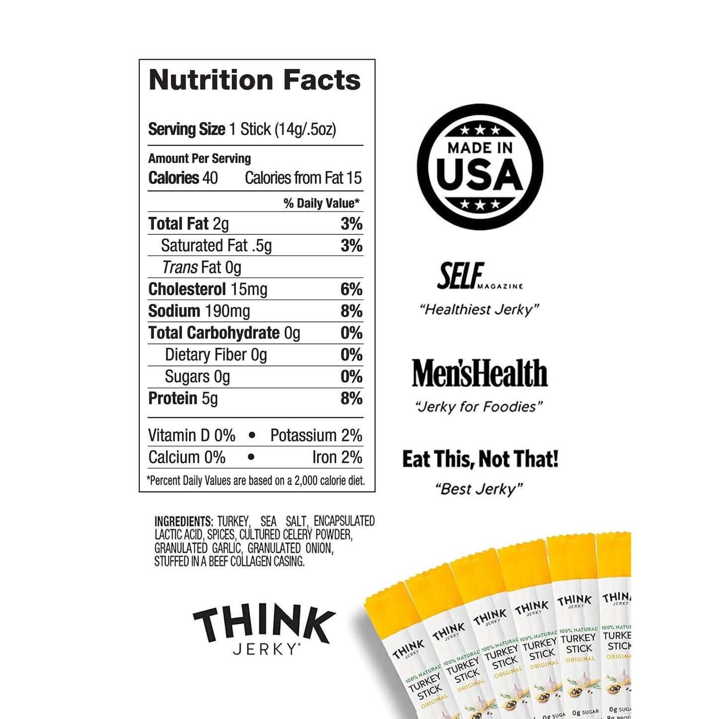 Think Jerky All-Natural Turkey Sticks, Gluten And Sugar Free, No Nitrates, Keto Paleo Friendly High Protein Low Carb Meat Snack