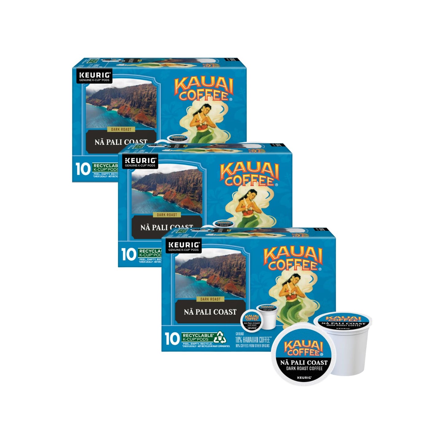 Kauai Coffee Na Pali Dark Roast K-Cup Pods, 10 Count (Pack of 3)