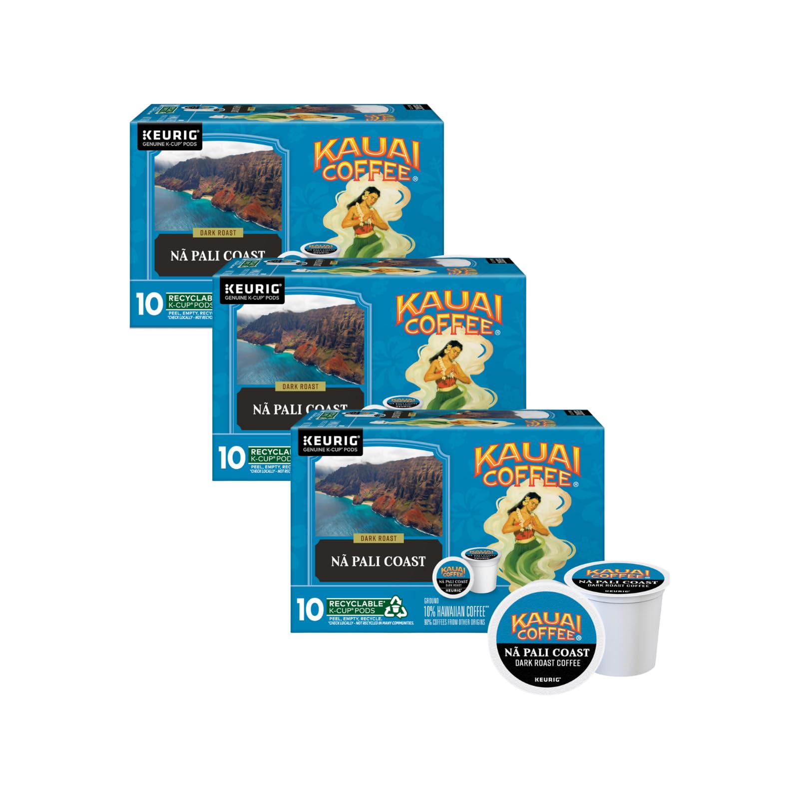 Kauai Coffee Na Pali Dark Roast K-Cup Pods, 10 Count (Pack of 3)