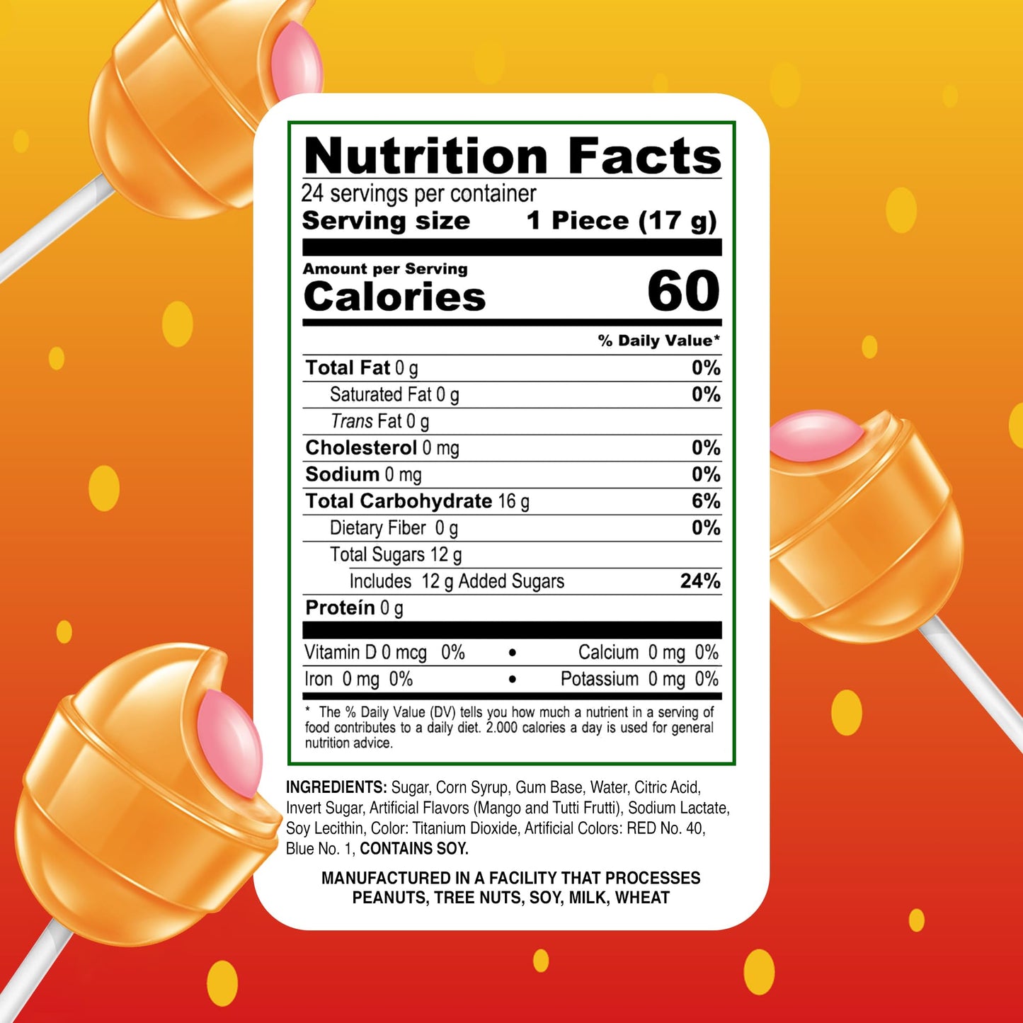 Colombina Bon Bon Bum Lollipops Mango Flavor, 24 Count (Pack Of 1)