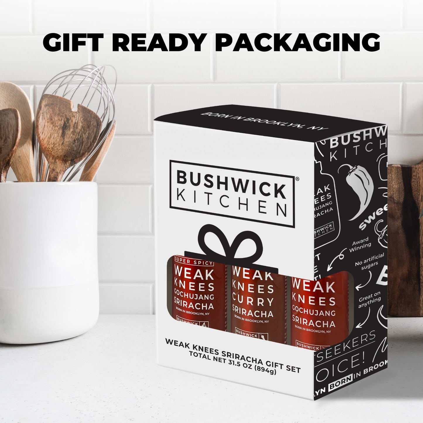 Bushwick Kitchen Sriracha Sampler Gift Box, Set Includes Gochujang Sriracha, Super Spicy Gochujang Sriracha, Curry Sriracha Hot