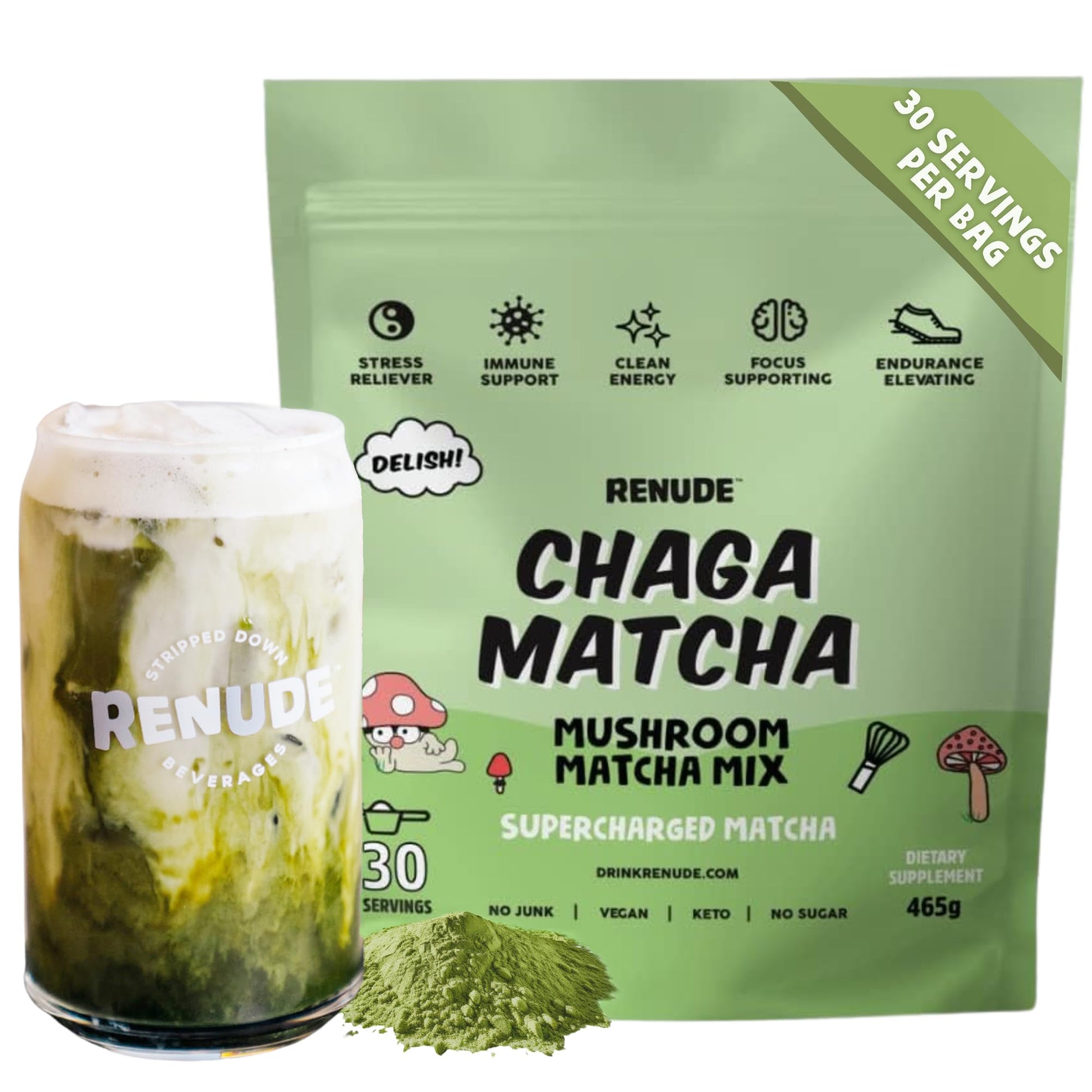 Renude Chaga Matcha - Chaga Mushroom Powder  Ceremonial Grade Matcha Superfood Drink Mix With Adaptogens  Keto  Vegan  Sugar Free  Natural Energy And Immune Support - 30 Servings