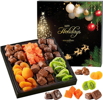 Christmas Premium Fruit & Chocolate Gift Box - Assortment with Chocolate Pecans, Dried Apricots, Kiwi Slices, Papaya, Sea Salt C