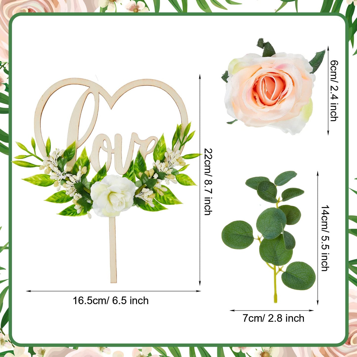 Juexica Wedding Cake Topper Set, Rustic Heart Shaped, 7x3, Wood, White/Champagne/Green, Includes 6 Pcs for Bridal Shower/Engagement