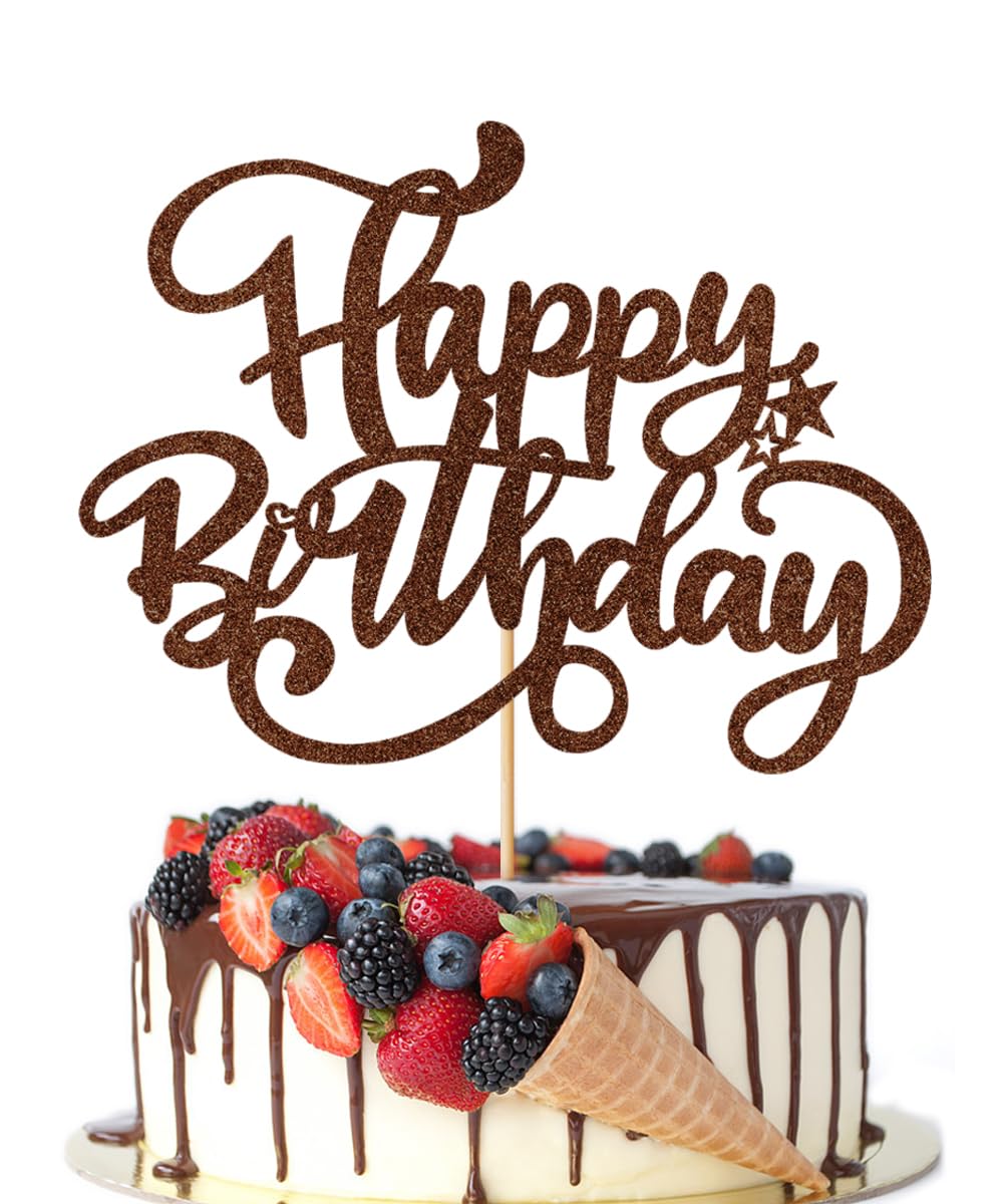 Crseniny Happy Birthday Cake Topper,Brown Glitter Birthday Sign Cake Decorations,Anniversary Party/Birthday Party Decoration Sup