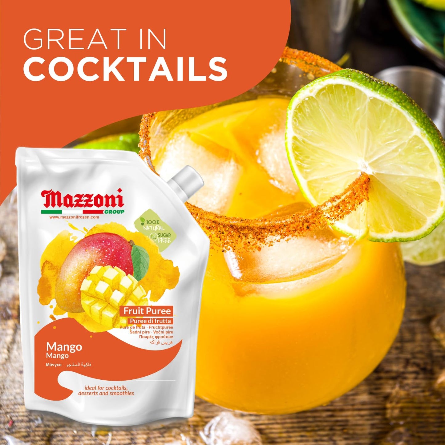 Mazzoni Mango Puree, 100% Pure Mango, Just Fruit, No Sugar Added, 2.2 Lbs (35.2 Oz) Real Fruit For Smoothies, Drinks, Cocktails,